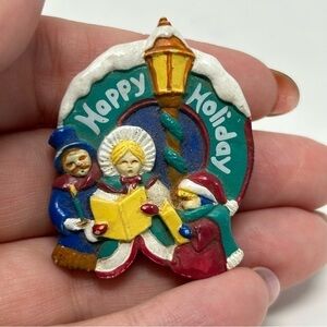 Vintage Christmas Winter Happy Holidays Carolers Singing Ceramic Painted Brooch